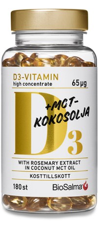 Pienoiskuva BioSalma D3-vitamiini 65 ug MCT-kookos�ljy, 180 kapselia
