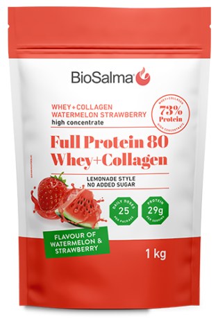 Pienoiskuva BioSalma Full Protein 80 Whey+Collagen, Vesimeloni Mansikka, 1 kg