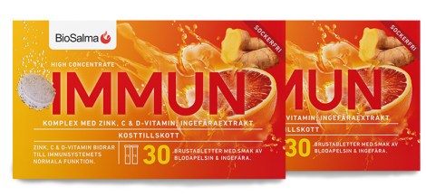 Pienoiskuva BioSalma Immuuni C+D-vitamiini ja Sinkki, Veriappelsiini & Inkiv��ri, 60 poretablettia