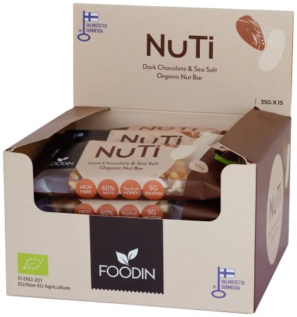 Pienoiskuva Foodin NUTI-patukka Luomu, Dark Chocolate & Sea Salt, 15-pack