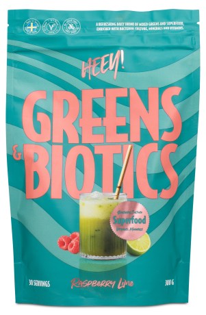 Pienoiskuva HEEY Greens & Biotics, Superfood + Probiotics, Vadelma/Lime, 300 g