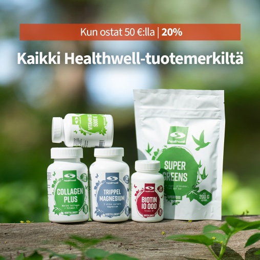 Osta 50 :lla, saat 20 % Healthwell-tuotemerkiltl koodilla