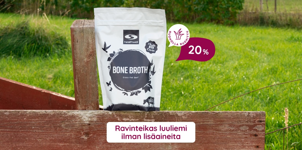 20 % Healthwell Luuliemijauheesta: Ravinteikas luuliemi ilman lis�aineita, ruoholla ruokittu