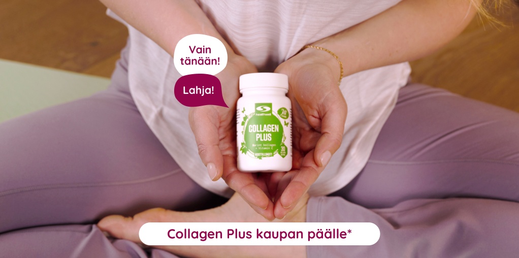Vain t�n��n! Saat Collagen Plus (30 kapselia) kaupan p��lle ostaessasi v�hint��n 50 eurolla Healthwell-tuotemerkilt�mme