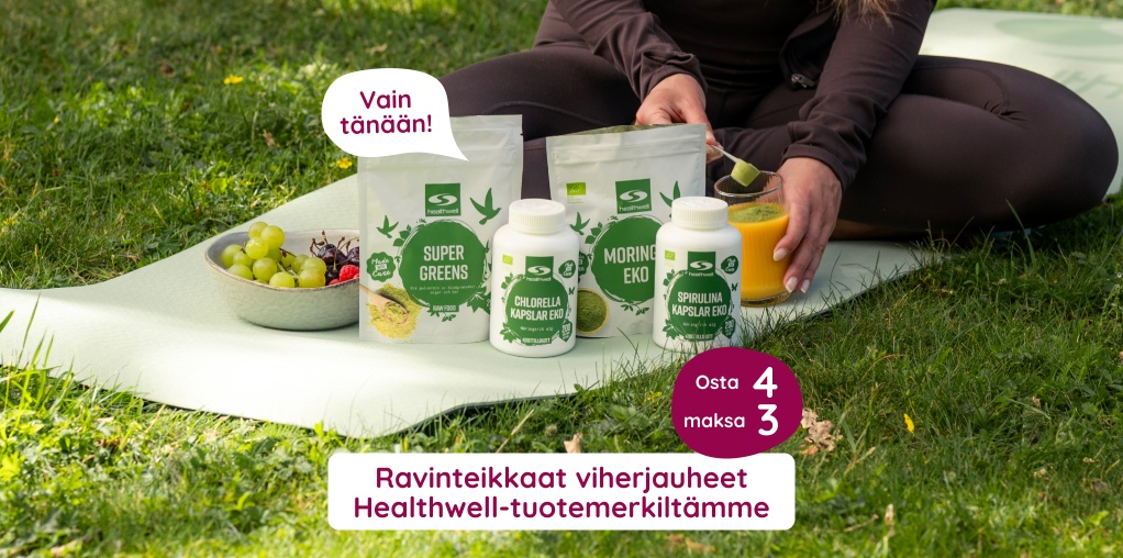 Vain t�n��n! Ravinteikkaat viherjauheet Healthwell-tuotemerkilt�mme osta 4 maksa 3