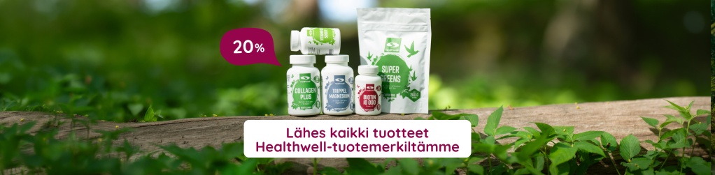  Juuri nyt 20 % alennusta l�hes koko Healthwell-tuotemerkkimme valikoimasta! Tarjous ei koske monipakkauksia eik� tuotepaketteja, eik� sit� voi yhdist�� muihin tarjouksiin.