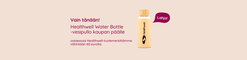Vain t�n��n! Saat Healthwell Water Bottle -vesipullon kaupan p��lle ostaessasi Healthwell-tuotemerkilt�mme v�hint��n 60 eurolla.